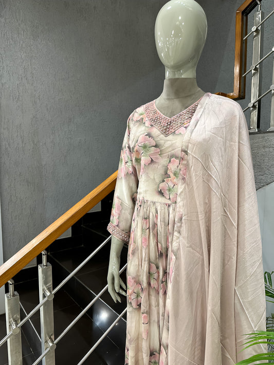 Pastel Floral Chiffon Long Gown Set with Dupatta | Elegant Party Wear Maxi Dress