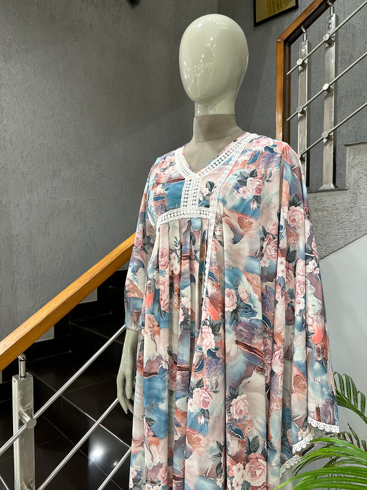 Abstract Floral Crepe Long Gown Set with Dupatta | Elegant Flowy Maxi Dress