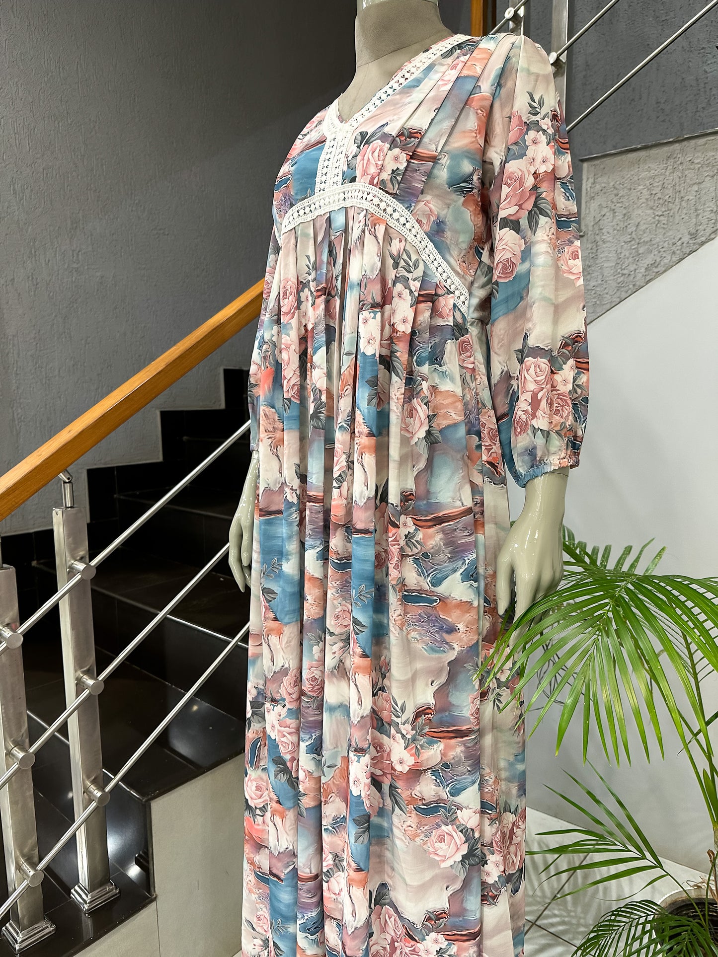 Abstract Floral Crepe Long Gown Set with Dupatta | Elegant Flowy Maxi Dress