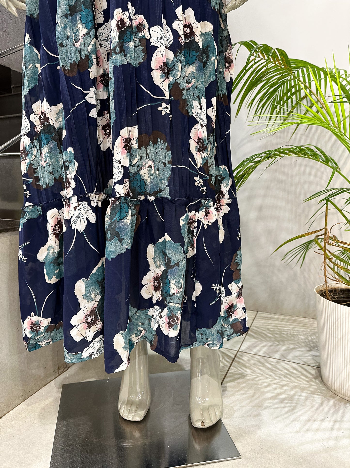 Navy Floral Chiffon Long Gown with Belt | Elegant Pleated Maxi Dress