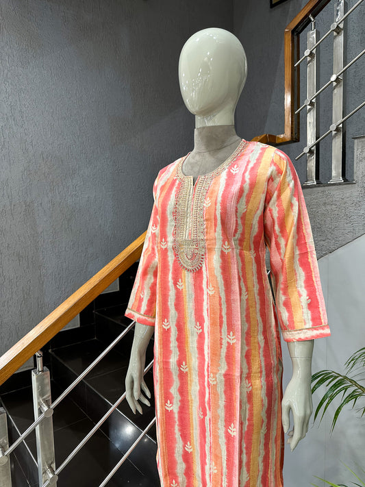 Elegant Printed Muslin Long Kurta with Embroidered Neck