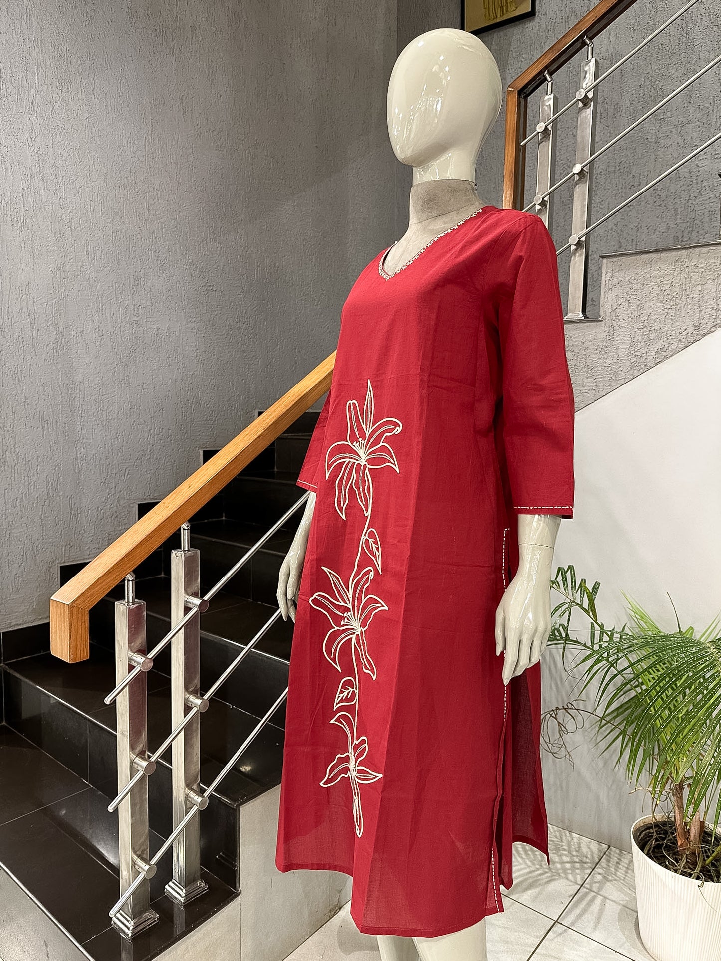 Luxury Ruby Red Cotton Embroidered Straight Kurta for Women | Elegant Floral Ethnic Kurti
