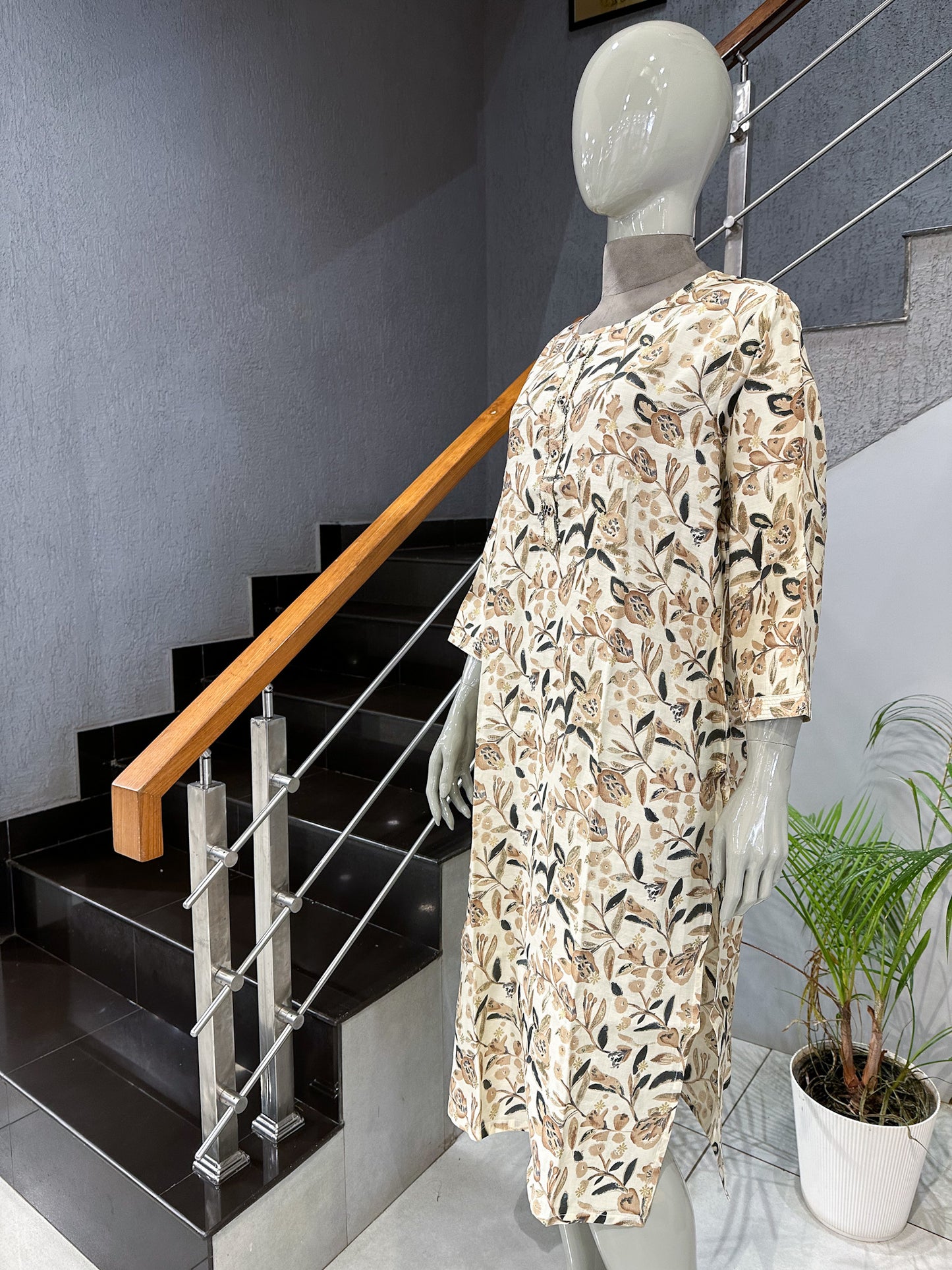 Elegant Beige Floral Printed Cotton Straight Kurta for Women | Premium Casual Ethnic Wear Kurti