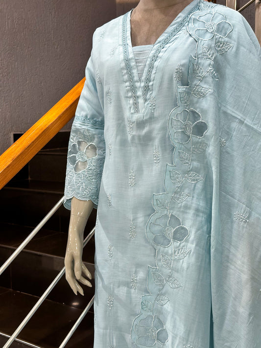 Powder Blue Mul Chanderi Party Wear CHURIDAR Set with Embroidered Dupatta | Premium Women’s Ethnic Wear