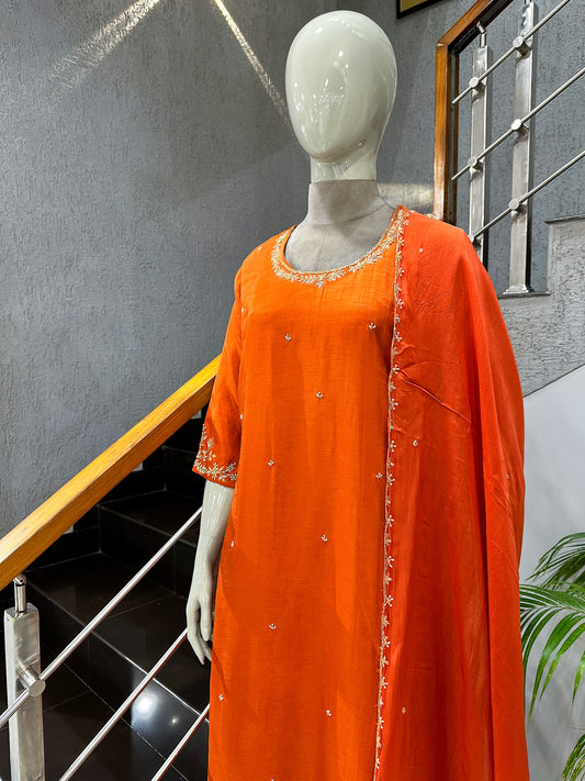 Luxury Orange Dola Silk Party Wear Anarkali Set with Organza Dupatta & Embroidery Work | Premium Women’s Ethnic Wear