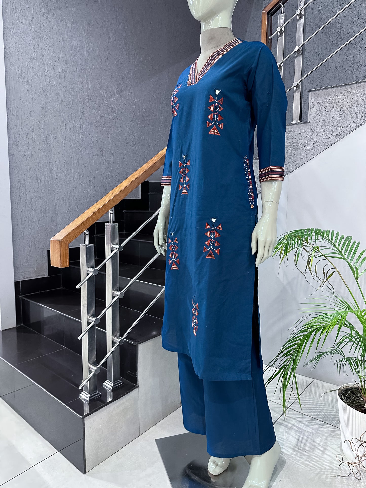 Premium Navy Blue Cotton Churidar Set with Printed Dupatta & Palazzo Pants for Women | Elegant Daily Wear Ethnic Suit