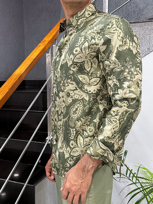 HENIIS Premium Olive Green Satin Digital Print Shirt for Men | Luxury Partywear Casual Shirt
