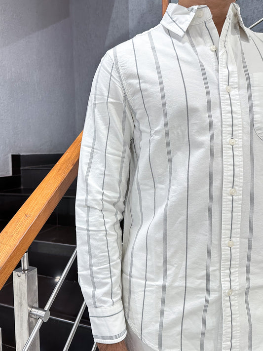 HENIIS Premium White Oxford Cotton Striped Shirt for Men | Luxury Casual Full Sleeve Shirt