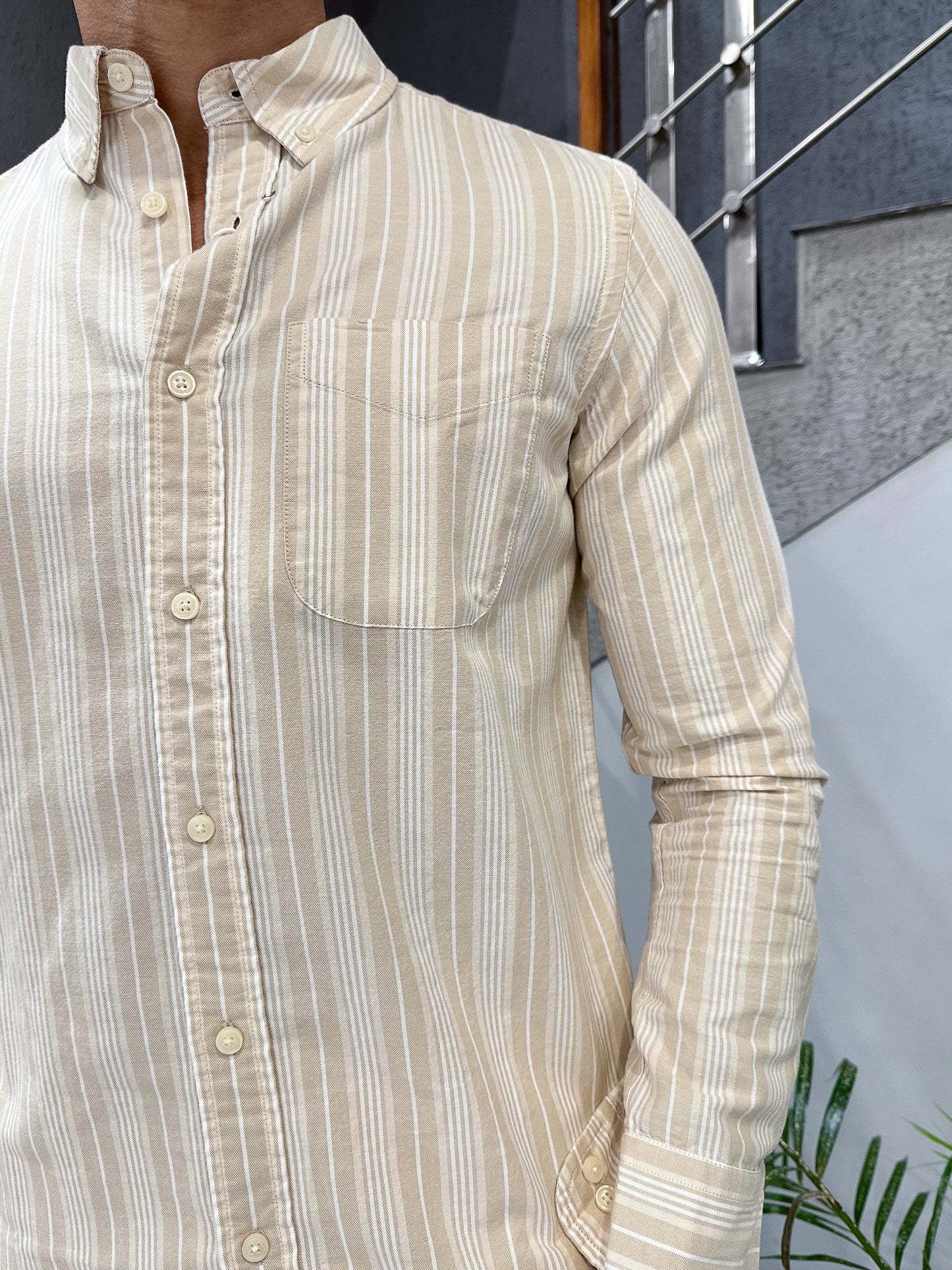 HENIIS Premium Beige Oxford Cotton Striped Shirt for Men | Luxury Casual Full Sleeve Shirt
