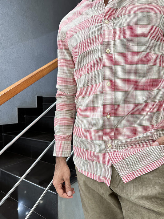 HENIIS Premium Red Beige Checked Cotton Shirt for Men | Luxury Casual Full Sleeve Shirt