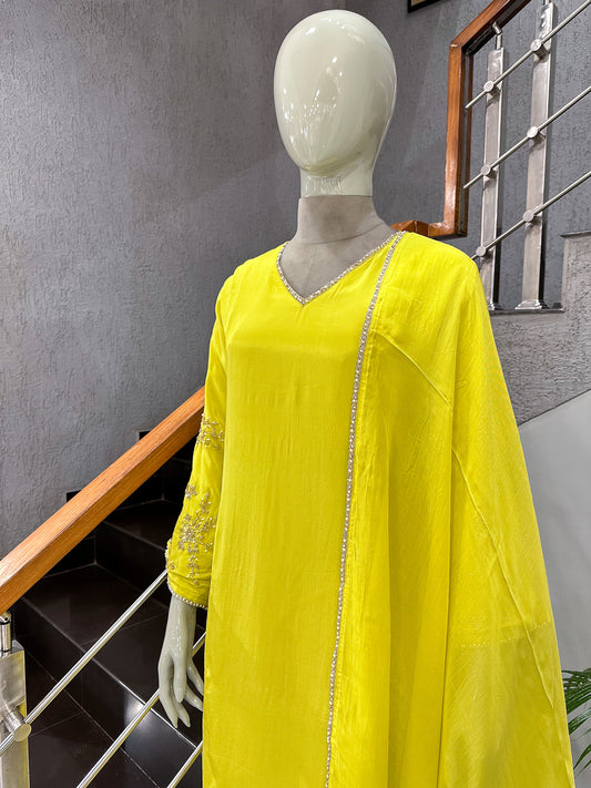 Lemon Yellow Premium Crepe Party Wear Churidar Set with Embroidered Sleeves & Elegant Dupatta for Women