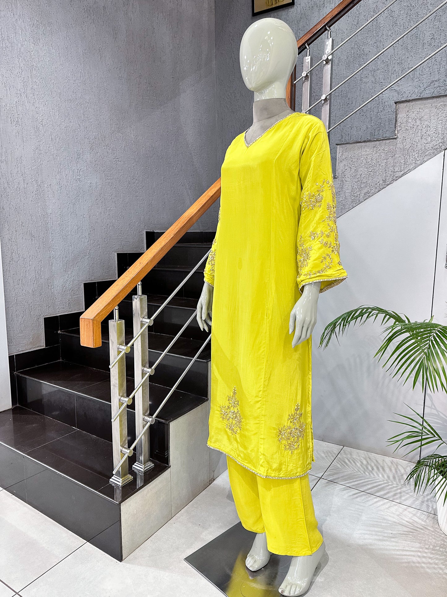 Lemon Yellow Premium Crepe Party Wear Churidar Set with Embroidered Sleeves & Elegant Dupatta for Women
