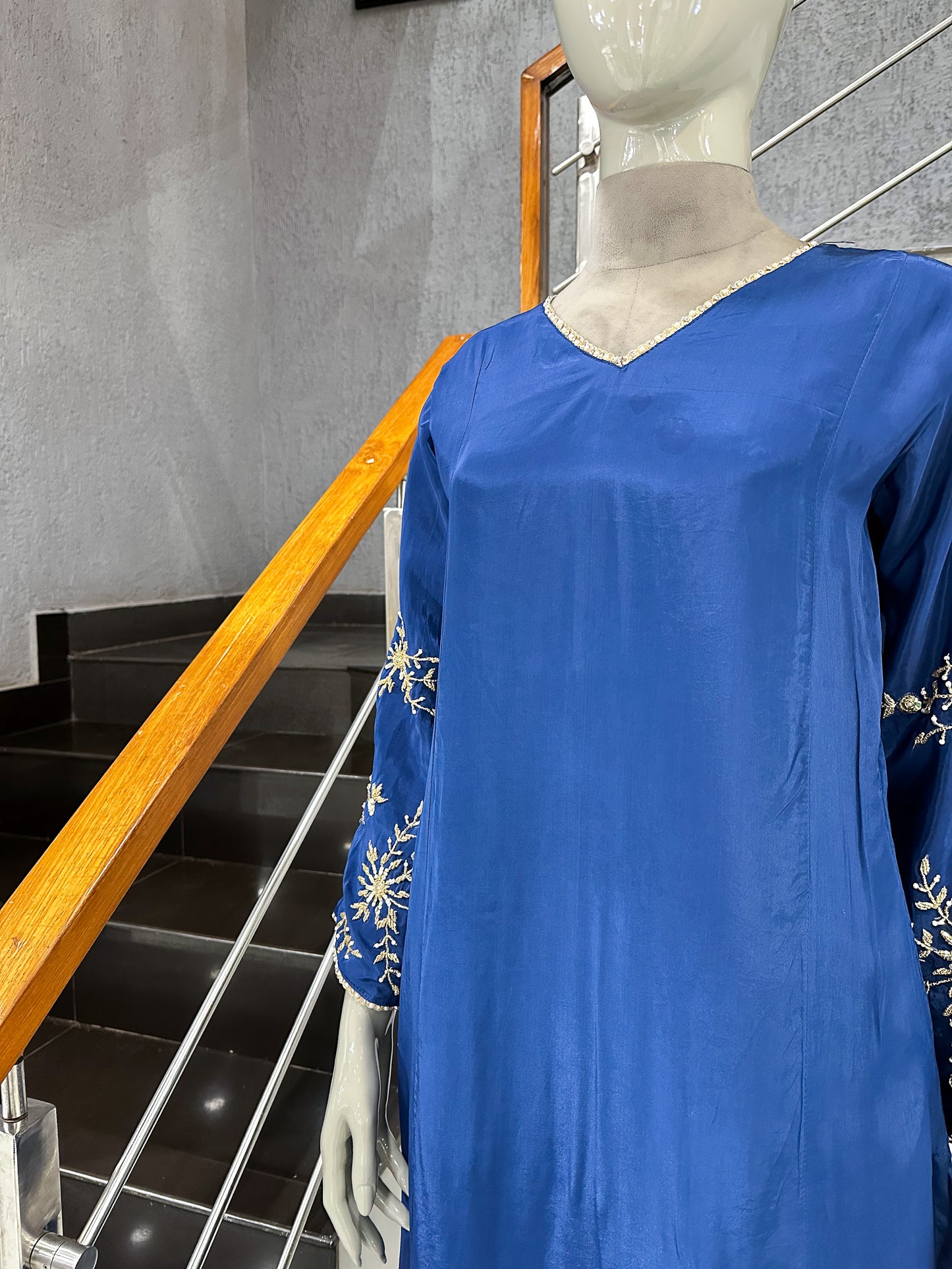 Royal Blue Premium Crepe Party Wear Churidar Set with Embroidered Sleeves & Elegant Dupatta for Women