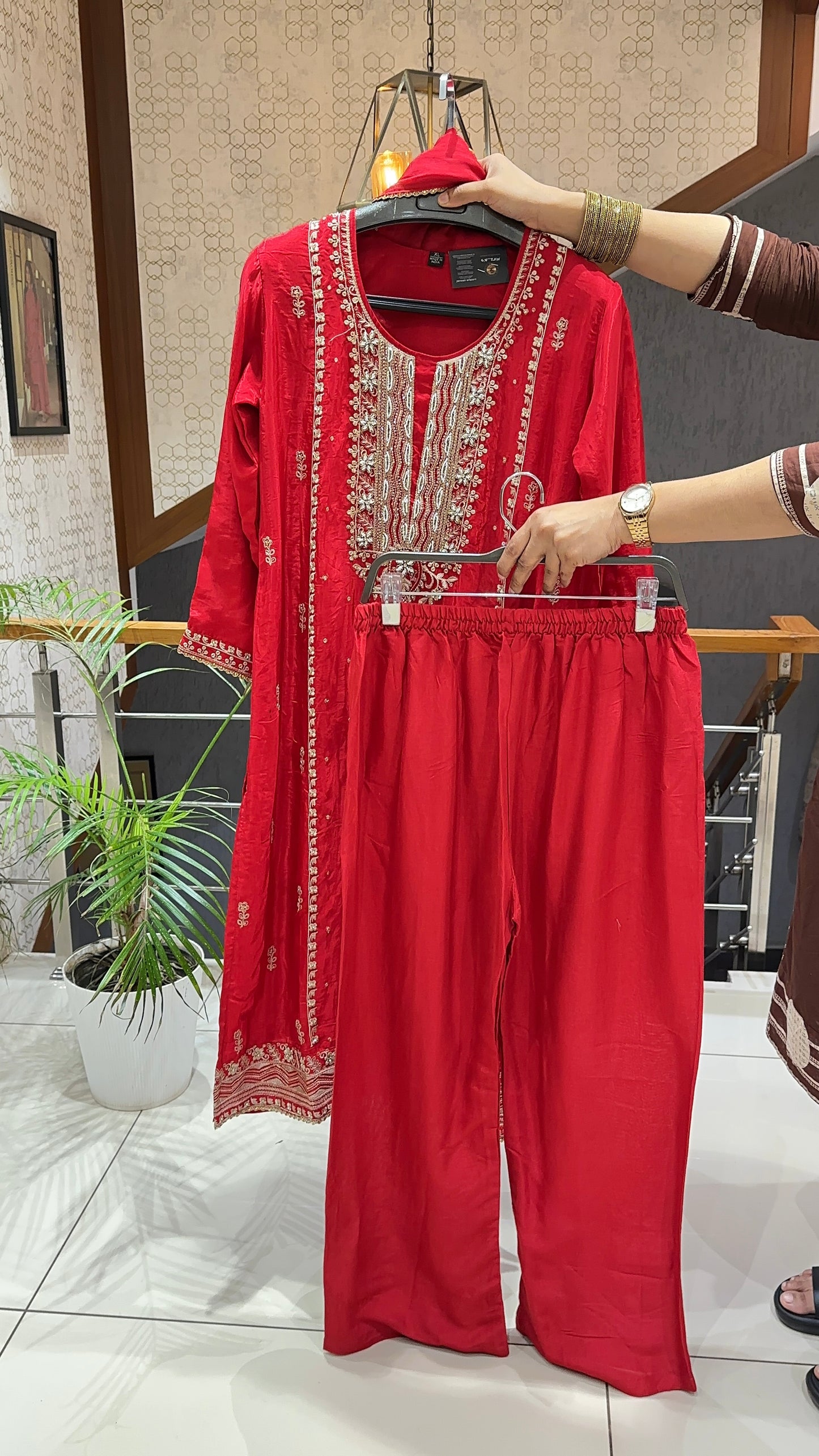SHOWOFF WOMEN Premium Poly Crepe Party Wear Churidar Set with Organza Dupatta & Santoon Palazzo | Designer Ethnic Wear