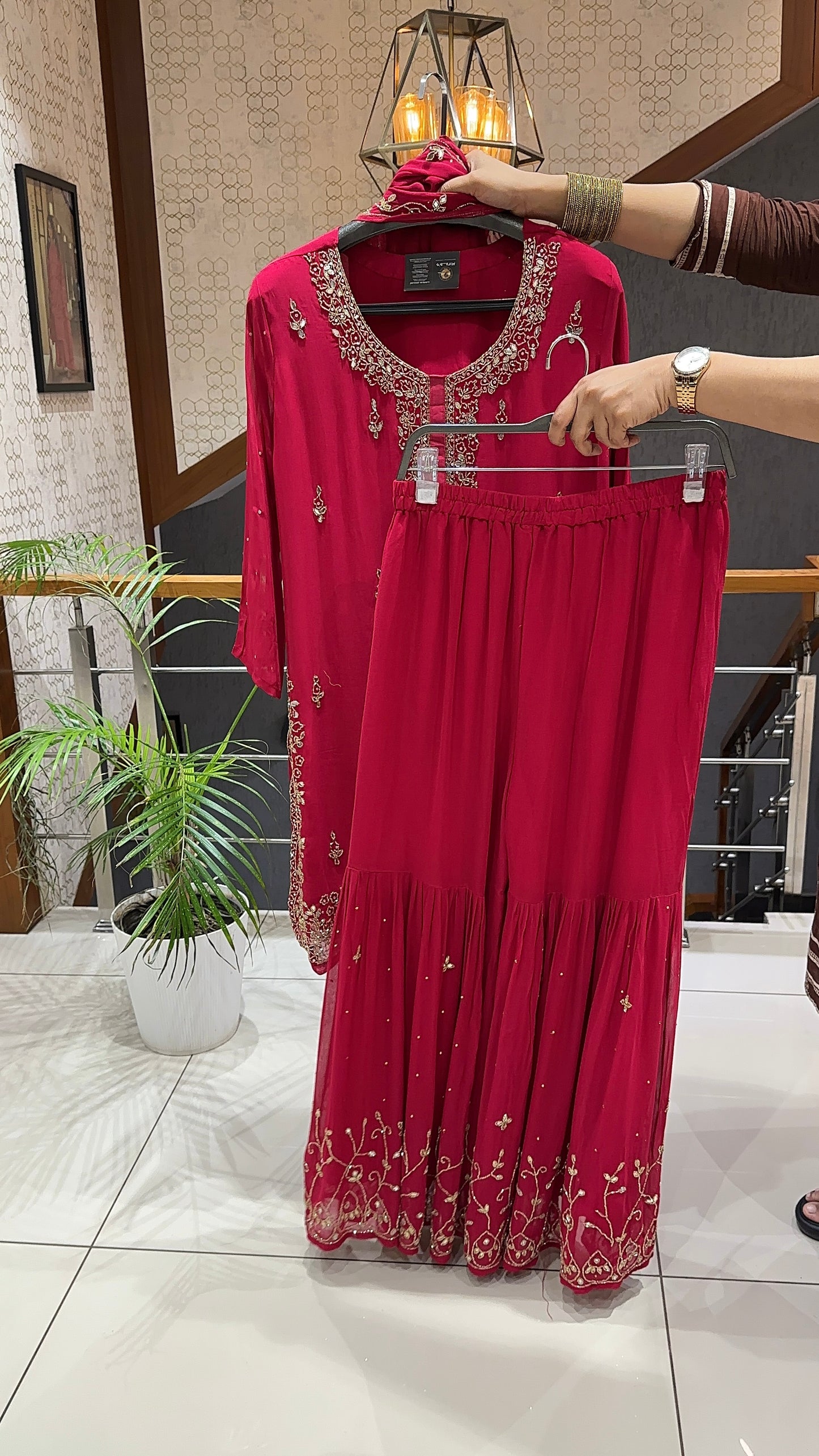 SHOWOFF Luxe Chiffon Hand-Embroidered Festive Partywear Sharara Set With Dupatta