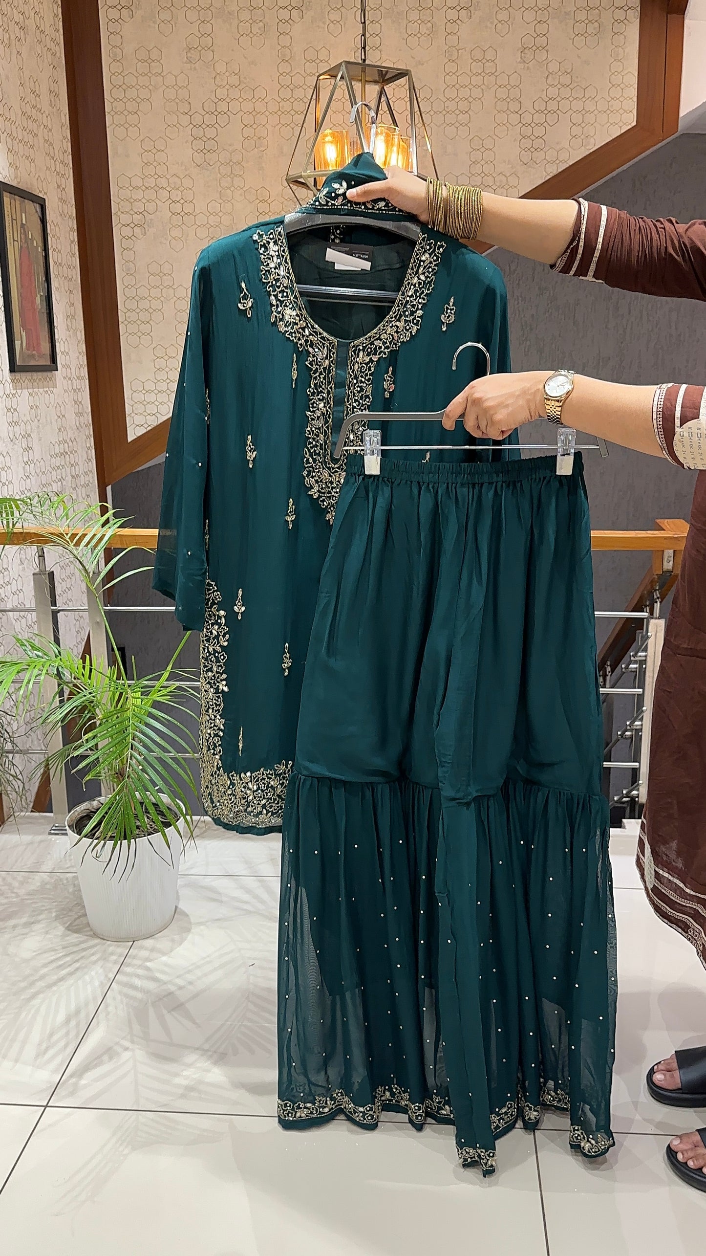 SHOWOFF Luxe Chiffon Hand-Embroidered Festive Partywear Sharara Set With Dupatta