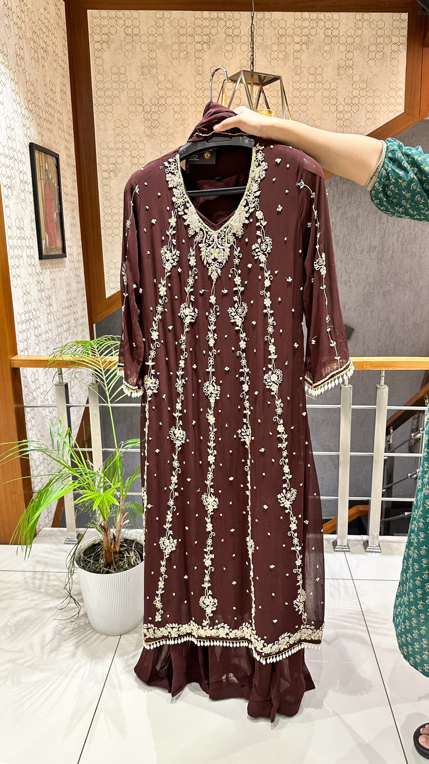 SHOWOFF Royal Chiffon Hand-Embroidered Festive Partywear Gown Set With Dupatta
