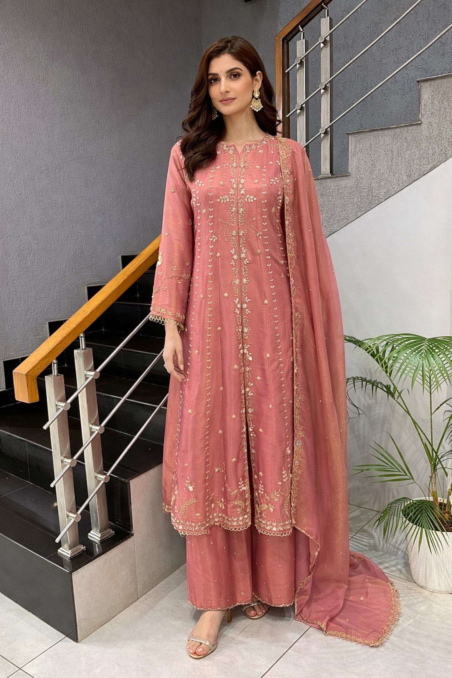 Rose Pink Shimmer Panel Cut Salwar Set with Plazo & Dupatta | Premium Party Wear