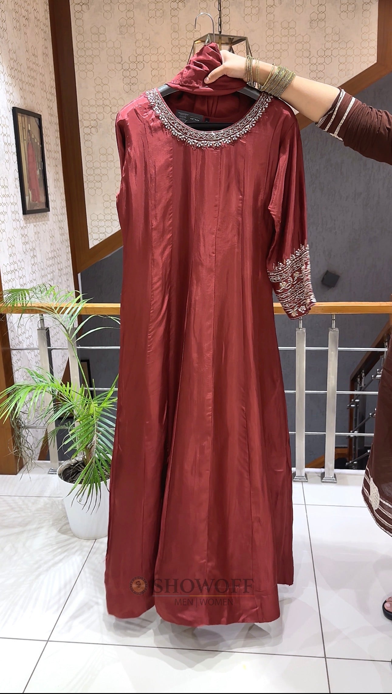 SHOWOFF Royal Russian Silk Embroidered Partywear Gown Set With Dupatta