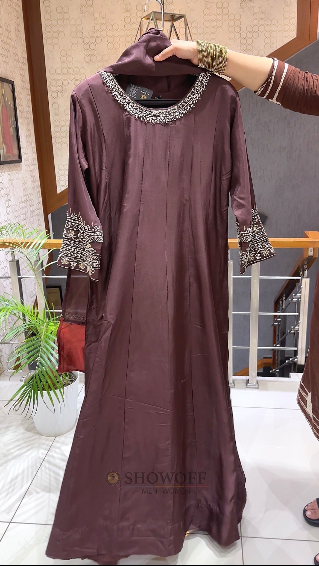 SHOWOFF Royal Russian Silk Embroidered Partywear Gown Set With Dupatta