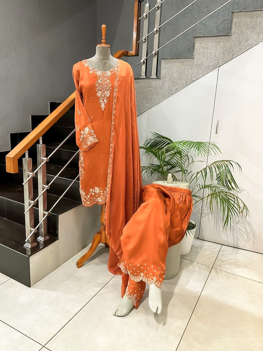 Rust Orange Handwork Churidar Set with Plazo & Chinon Dupatta | Party Wear Designer Suit