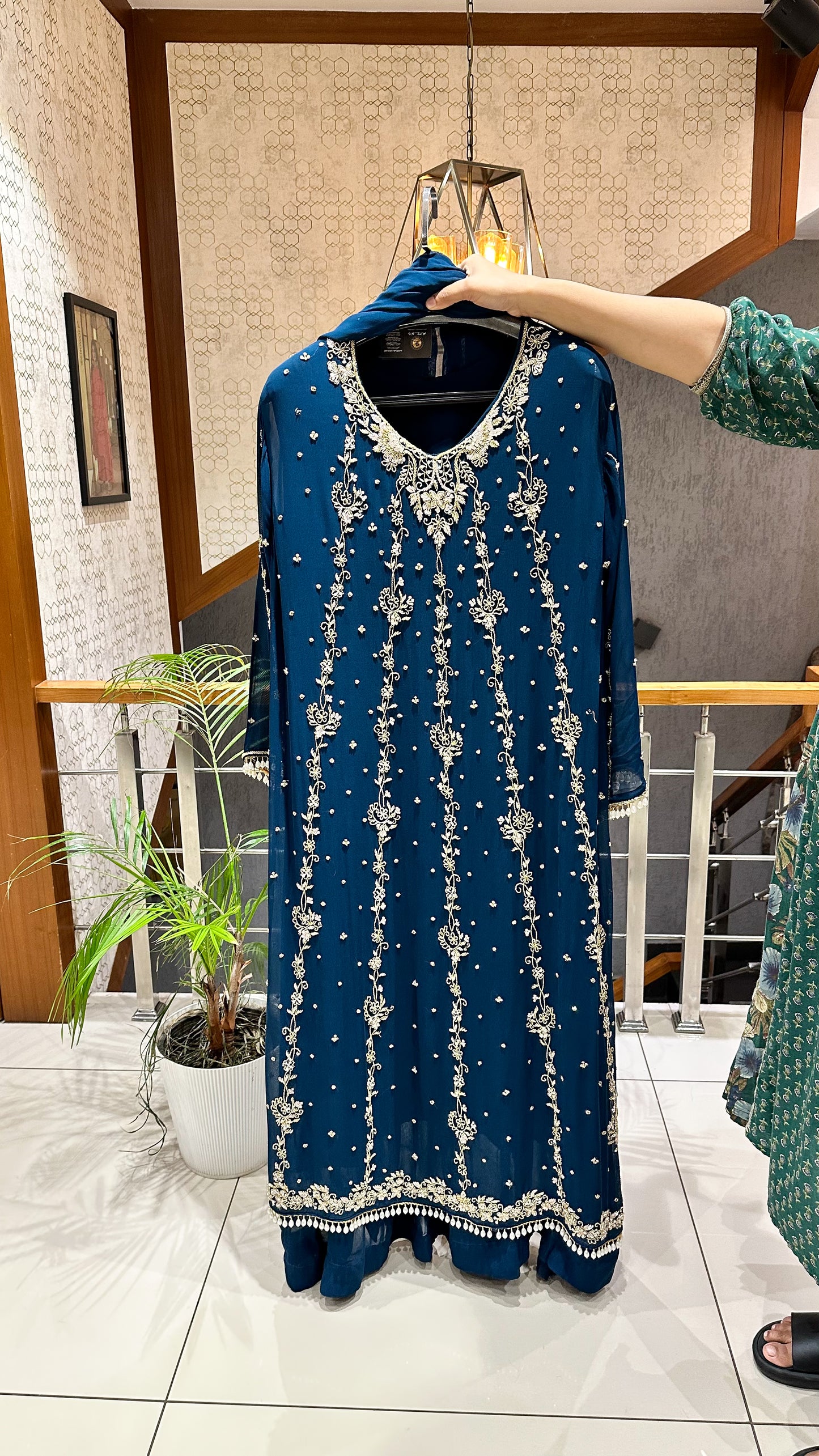 SHOWOFF Royal Chiffon Hand-Embroidered Festive Partywear Gown Set With Dupatta