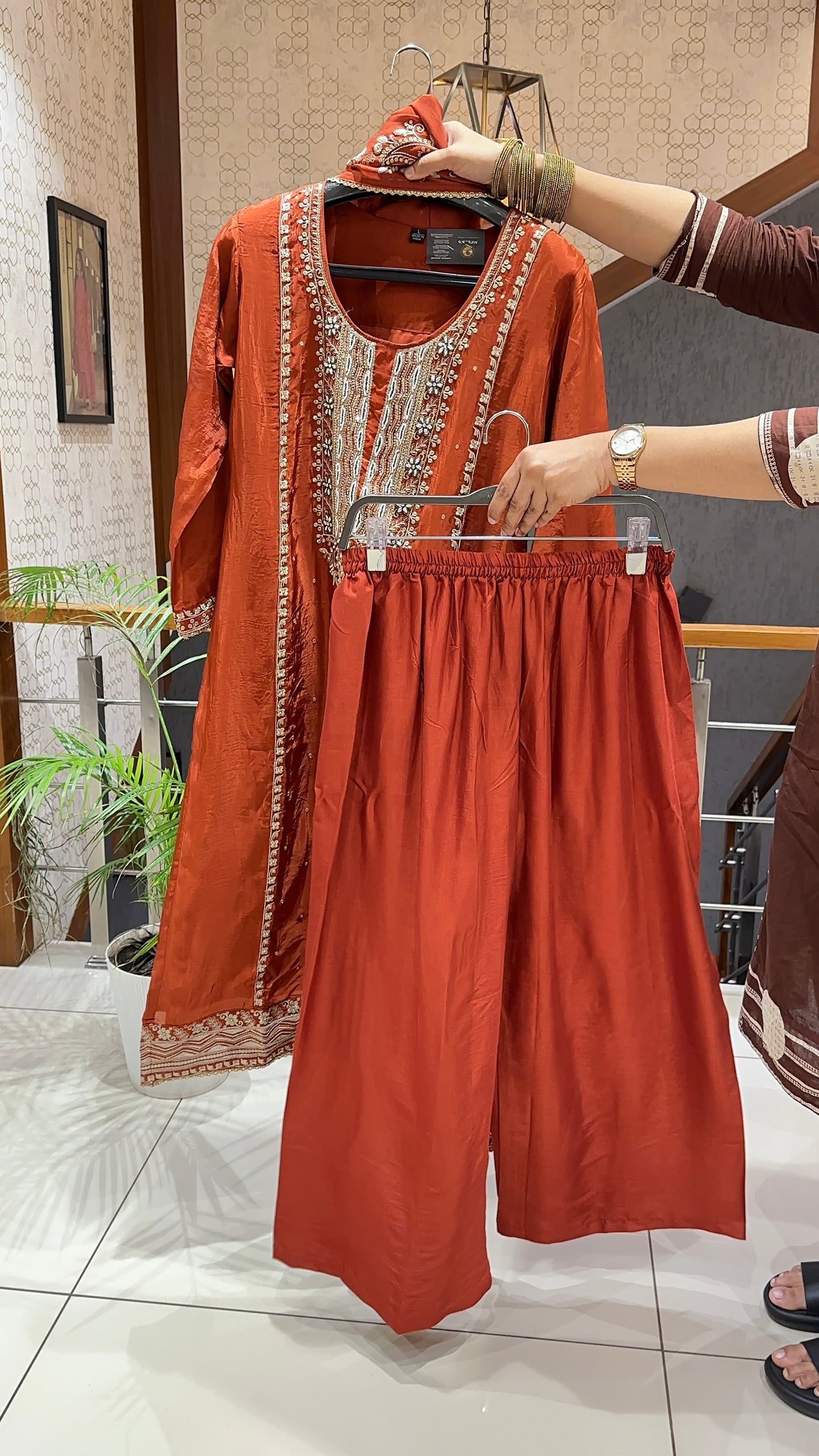 SHOWOFF WOMEN Premium Poly Crepe Party Wear Churidar Set with Organza Dupatta & Santoon Palazzo | Designer Ethnic Wear