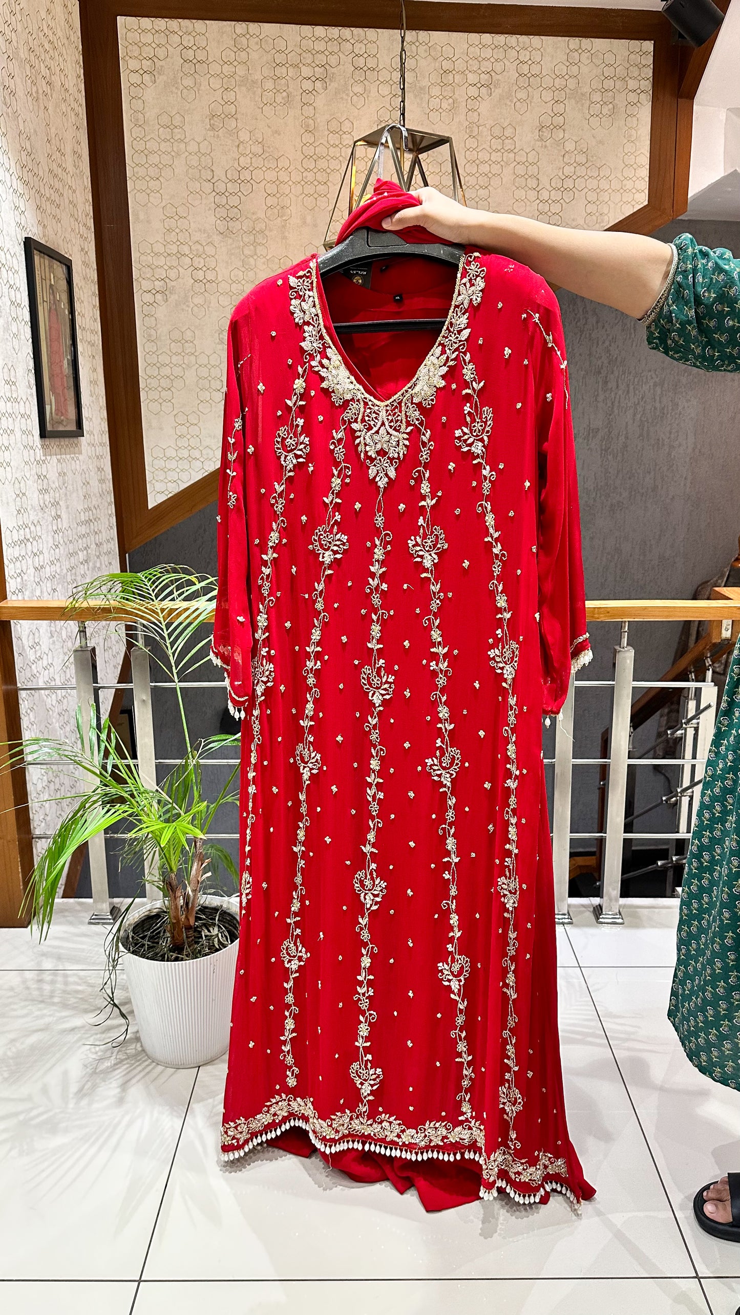 SHOWOFF Royal Chiffon Hand-Embroidered Festive Partywear Gown Set With Dupatta