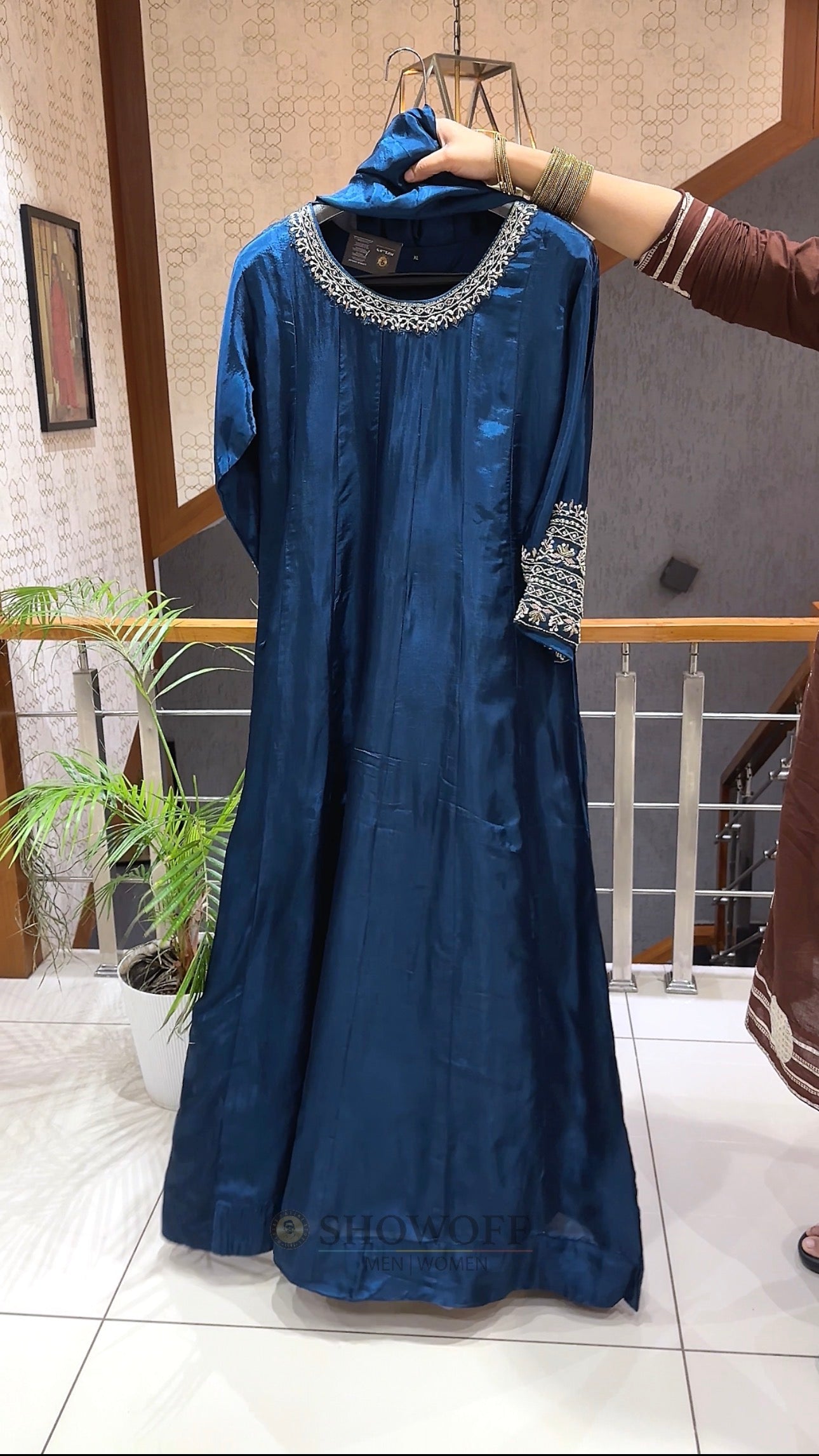 SHOWOFF Royal Russian Silk Embroidered Partywear Gown Set With Dupatta