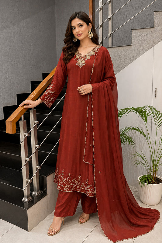 Rust Maroon Modal Silk Salwar Set with Organza Dupatta | Elegant Festive Wear