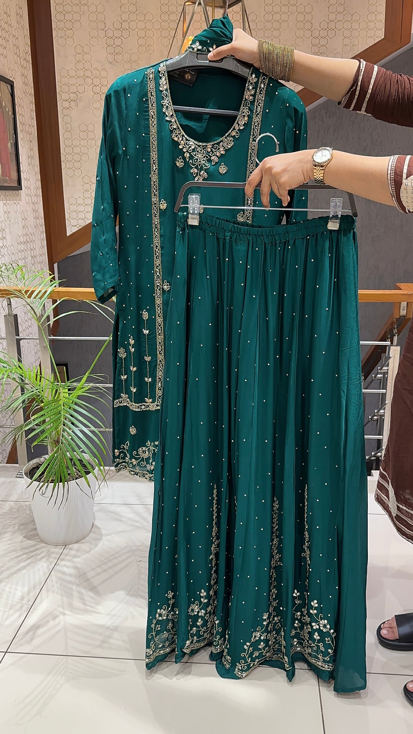 SHOWOFF Royal Chinon Hand-Embroidered Partywear Churidar Set With Dupatta