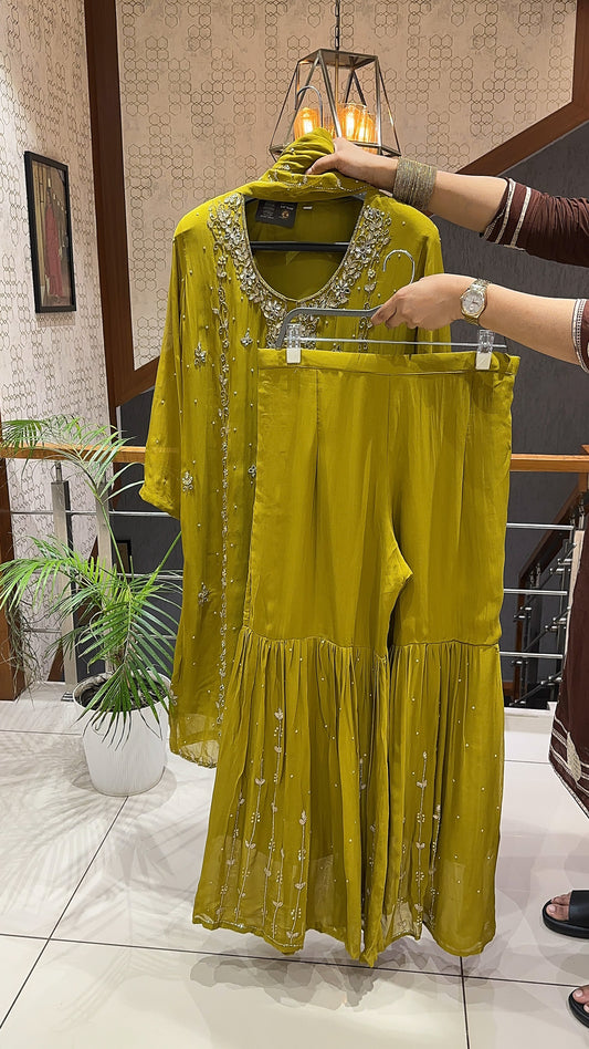 SHOWOFF Luxe Chiffon Hand-Embroidered Festive Partywear Sharara Set With Dupatta