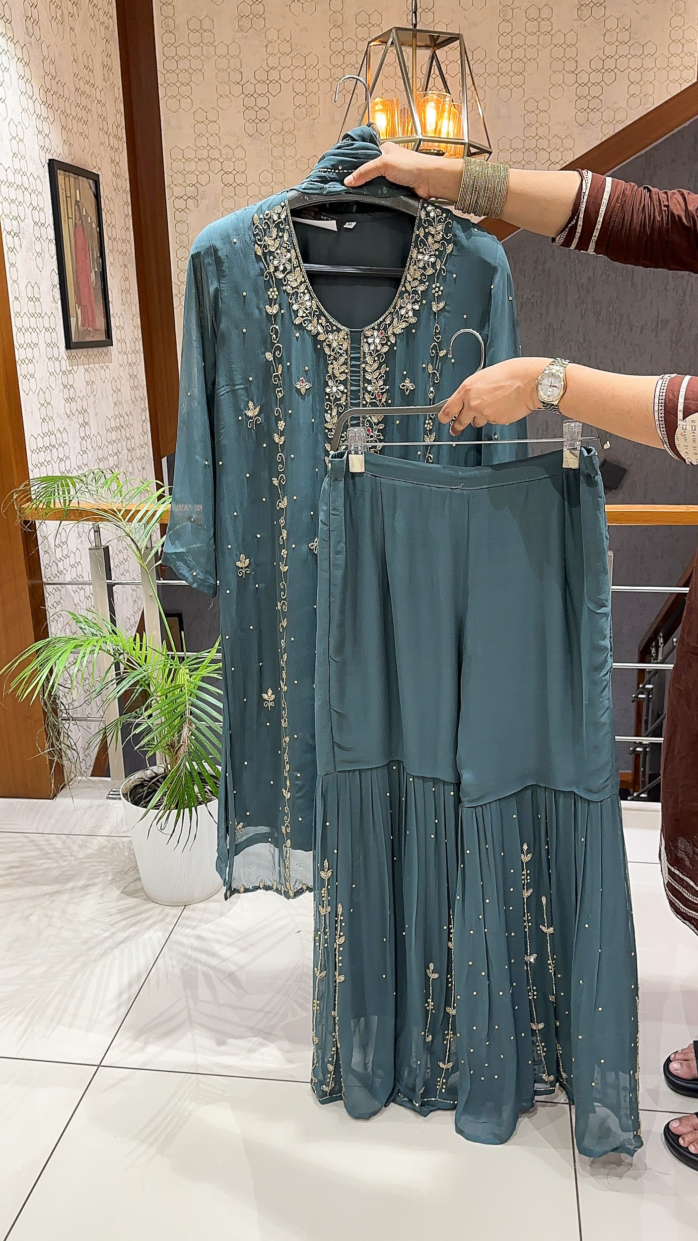 SHOWOFF Luxe Chiffon Hand-Embroidered Festive Partywear Sharara Set With Dupatta