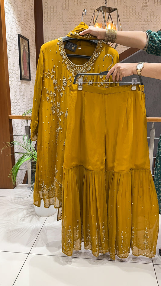 SHOWOFF Mustard Chiffon Hand-Embroidered Festive Sharara Set With Embellished Dupatta