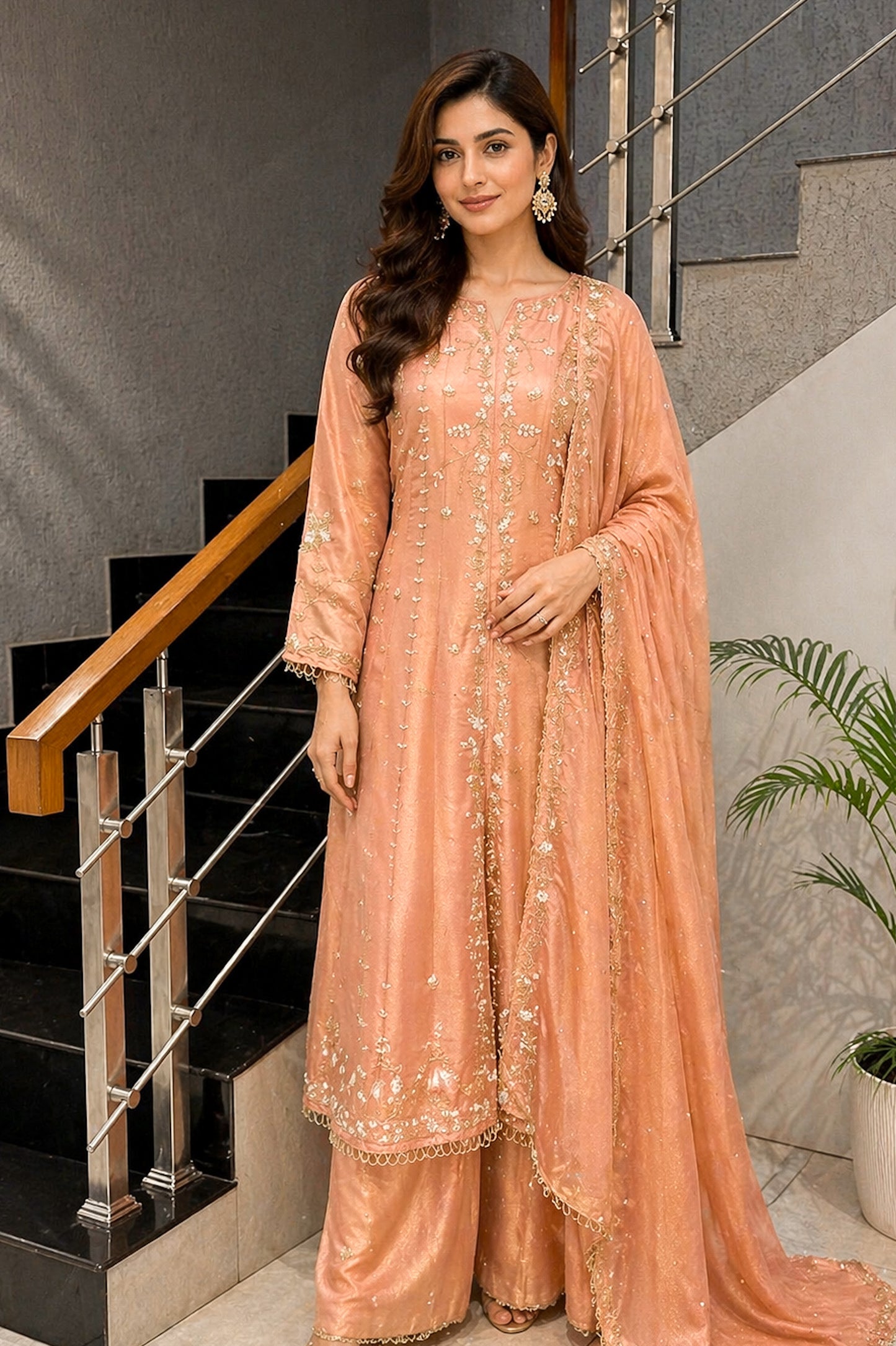 Peach Shimmer Embroidered Salwar Set with Dupatta | Elegant Party Wear