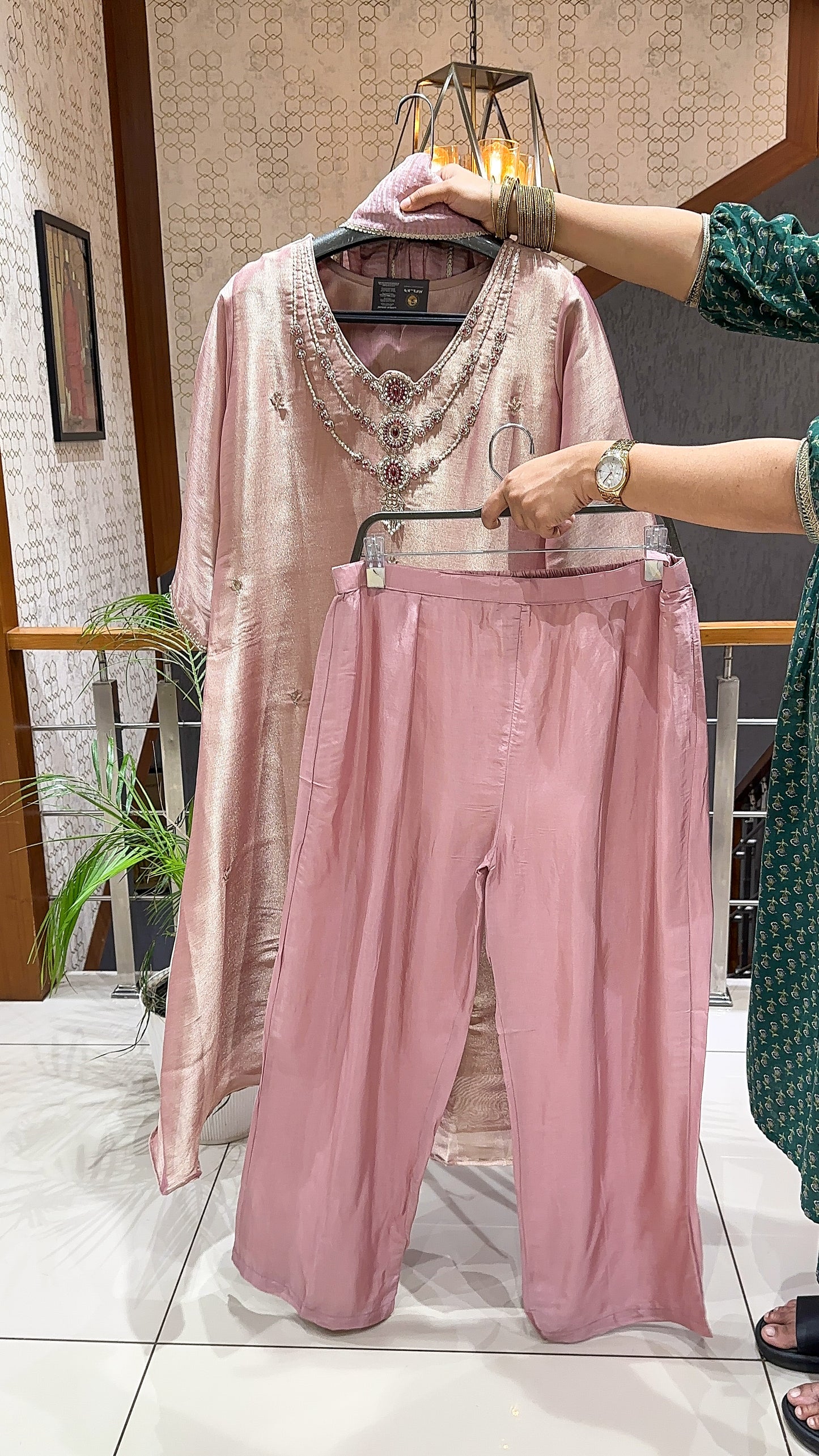 SHOWOFF Royal Shimmer Hand-Embroidered A-Line Churidar Set With Santoon Bottom
