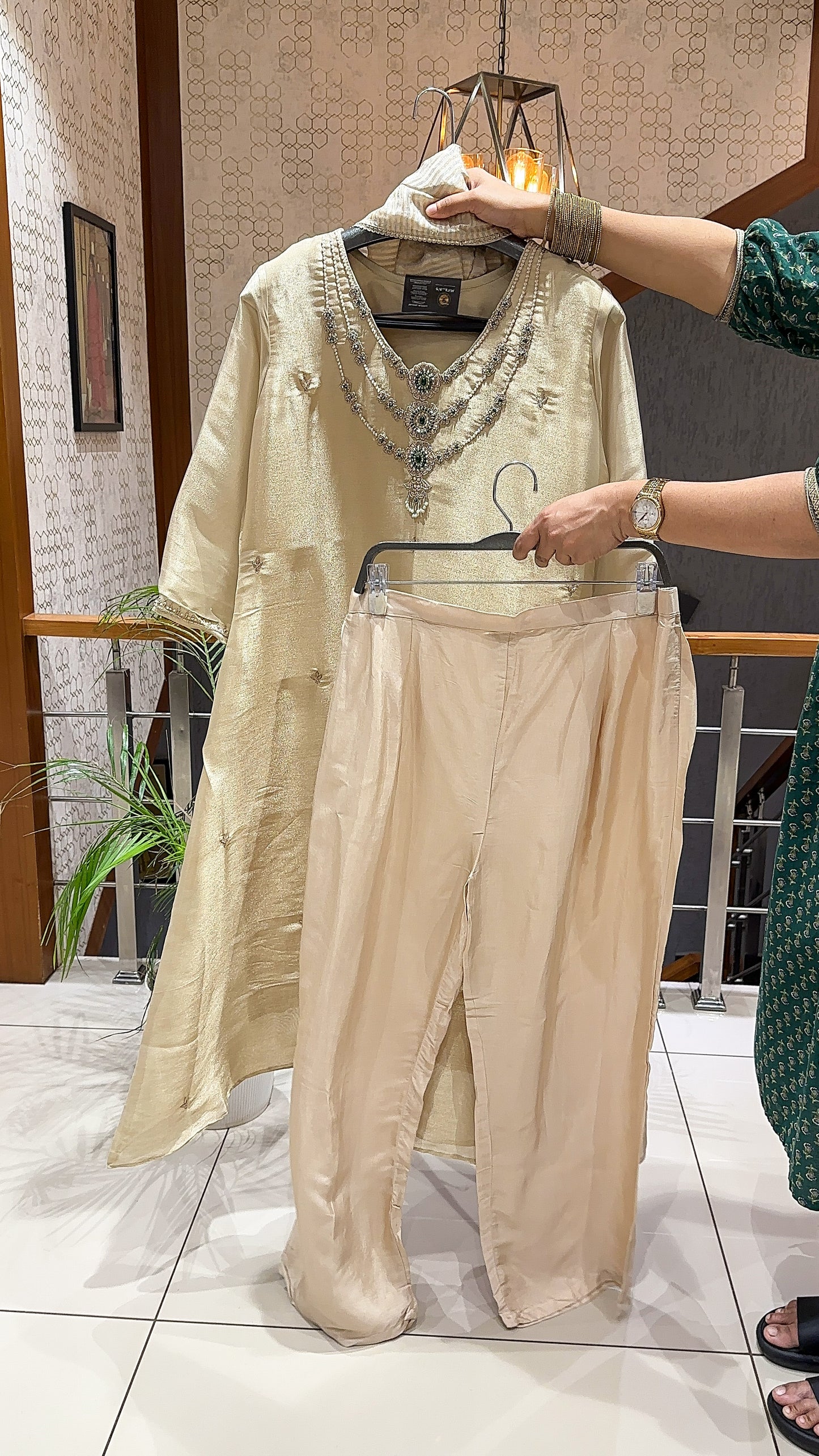 SHOWOFF Royal Shimmer Hand-Embroidered A-Line Churidar Set With Santoon Bottom