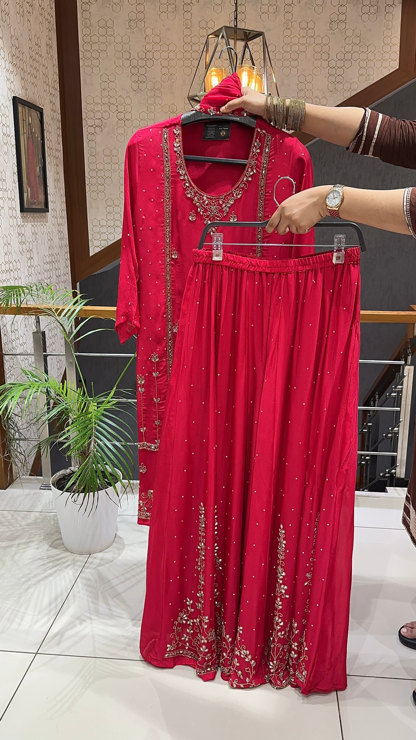 SHOWOFF Royal Chinon Hand-Embroidered Partywear Churidar Set With Dupatta