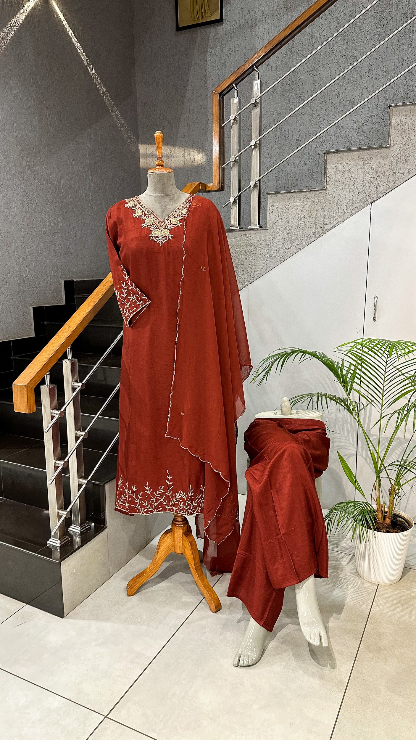 Rust Maroon Modal Silk Salwar Set with Organza Dupatta | Elegant Festive Wear