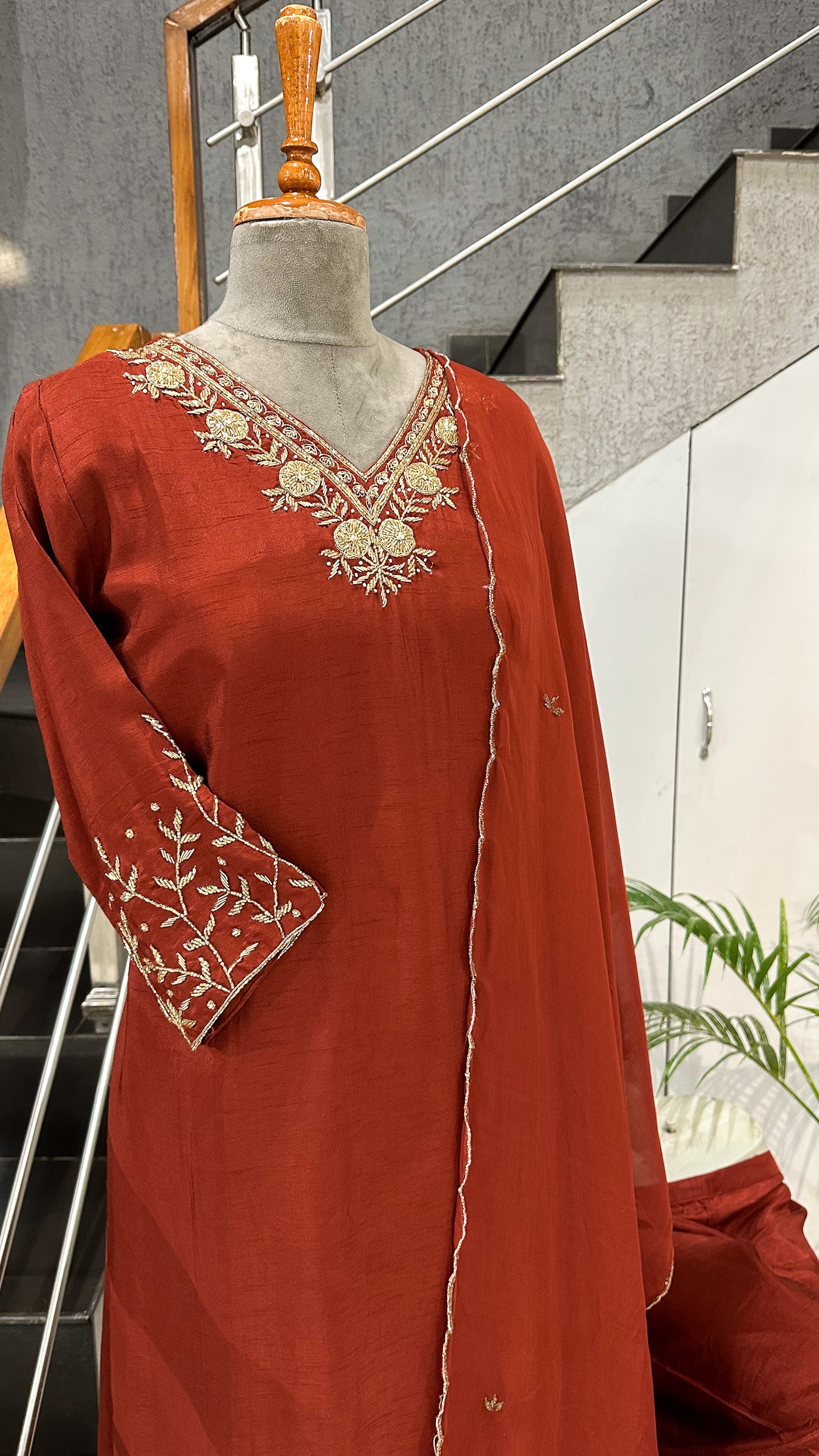 Rust Maroon Modal Silk Salwar Set with Organza Dupatta | Elegant Festive Wear