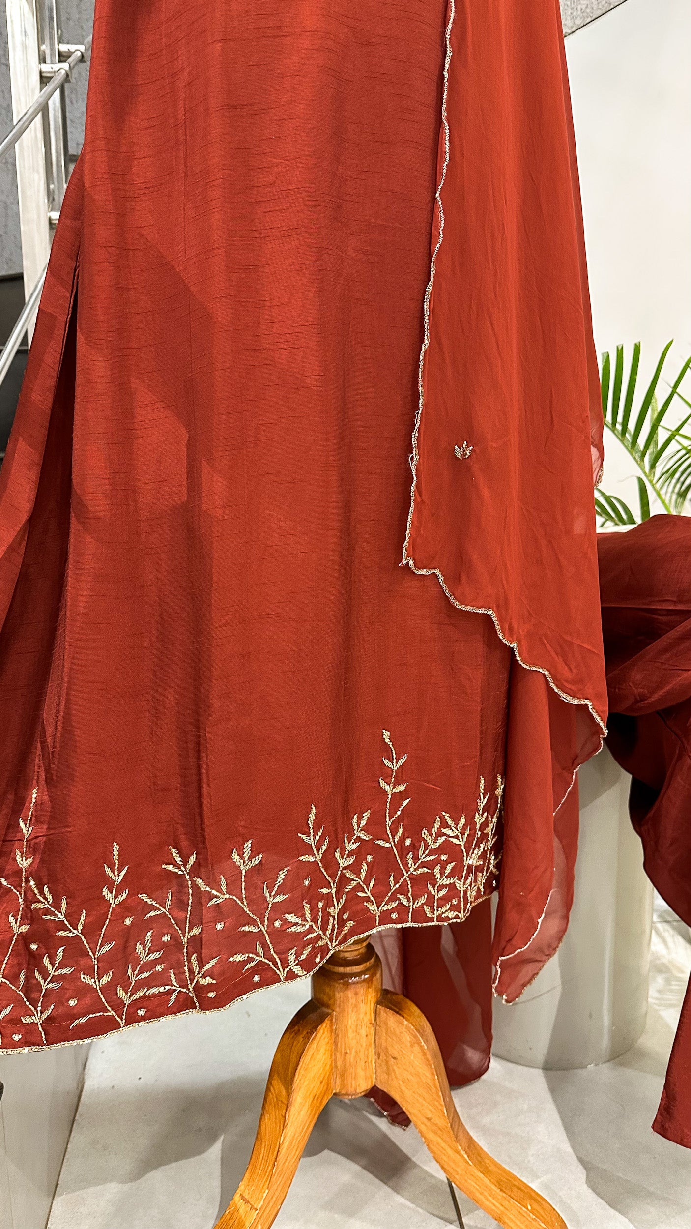 Rust Maroon Modal Silk Salwar Set with Organza Dupatta | Elegant Festive Wear