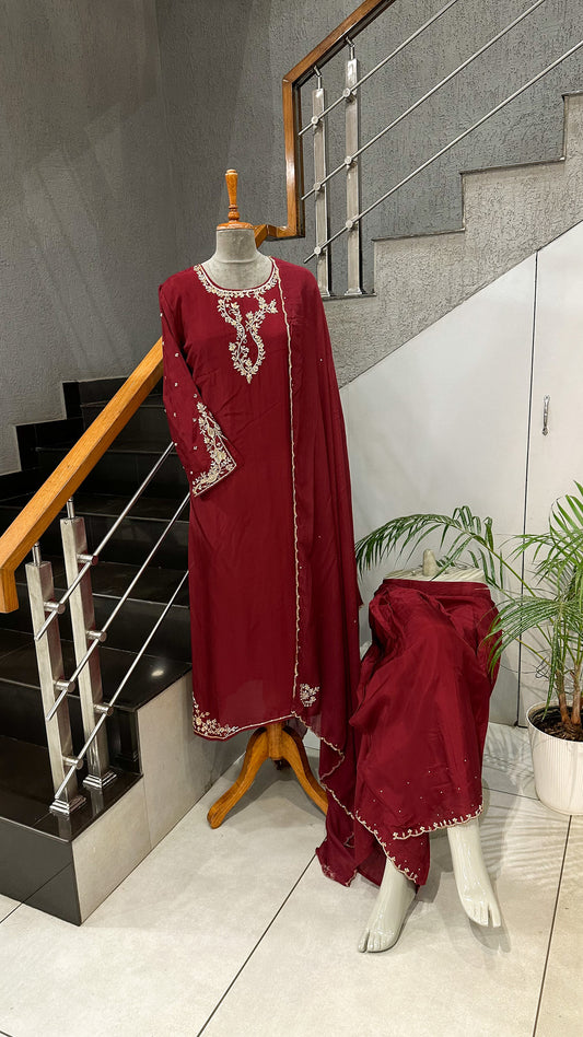 Wine Red Crepe Silk Salwar Suit Set with Chinon Dupatta & Plazo Bottom