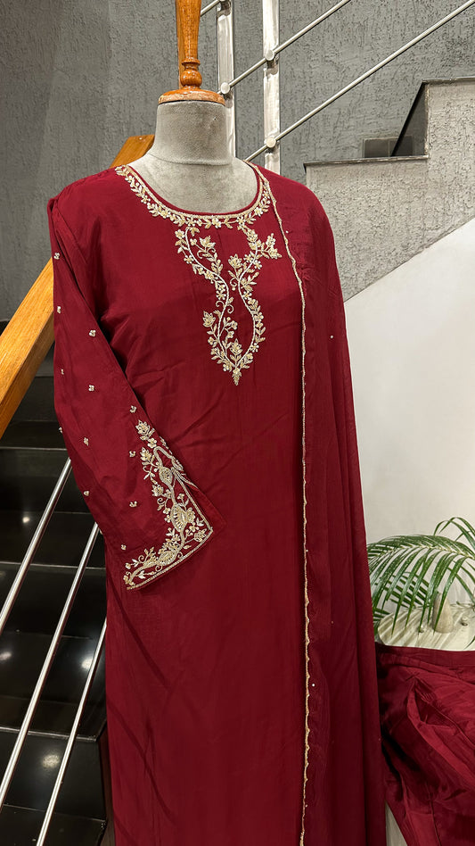 Wine Red Crepe Silk Salwar Suit Set with Chinon Dupatta & Plazo Bottom