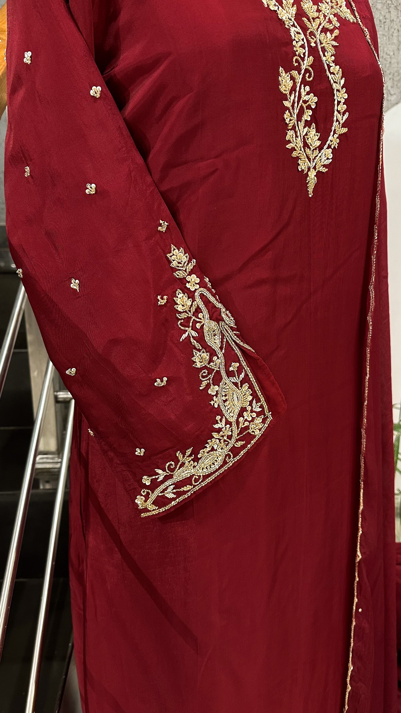 Wine Red Crepe Silk Salwar Suit Set with Chinon Dupatta & Plazo Bottom