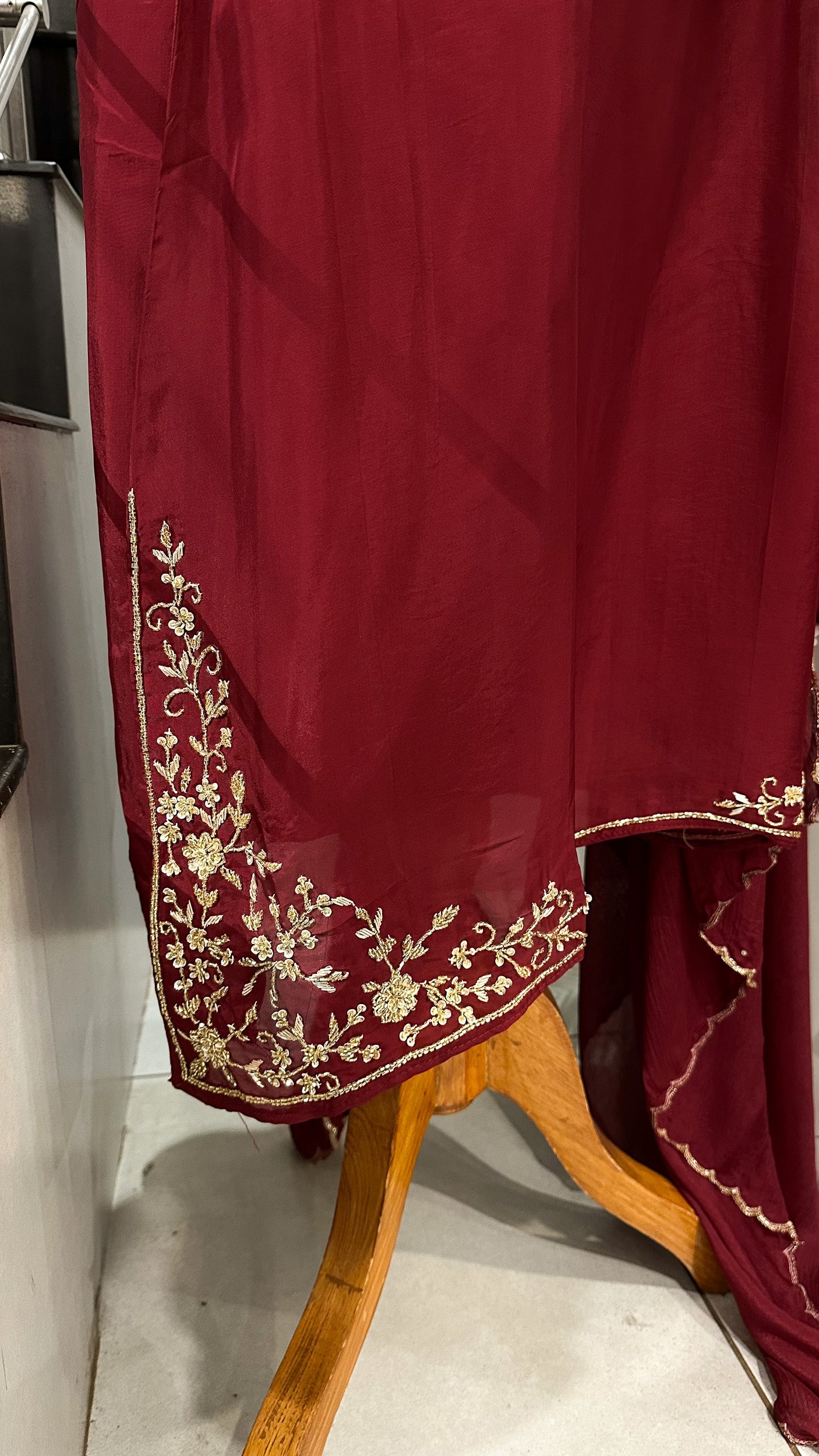 Wine Red Crepe Silk Salwar Suit Set with Chinon Dupatta & Plazo Bottom