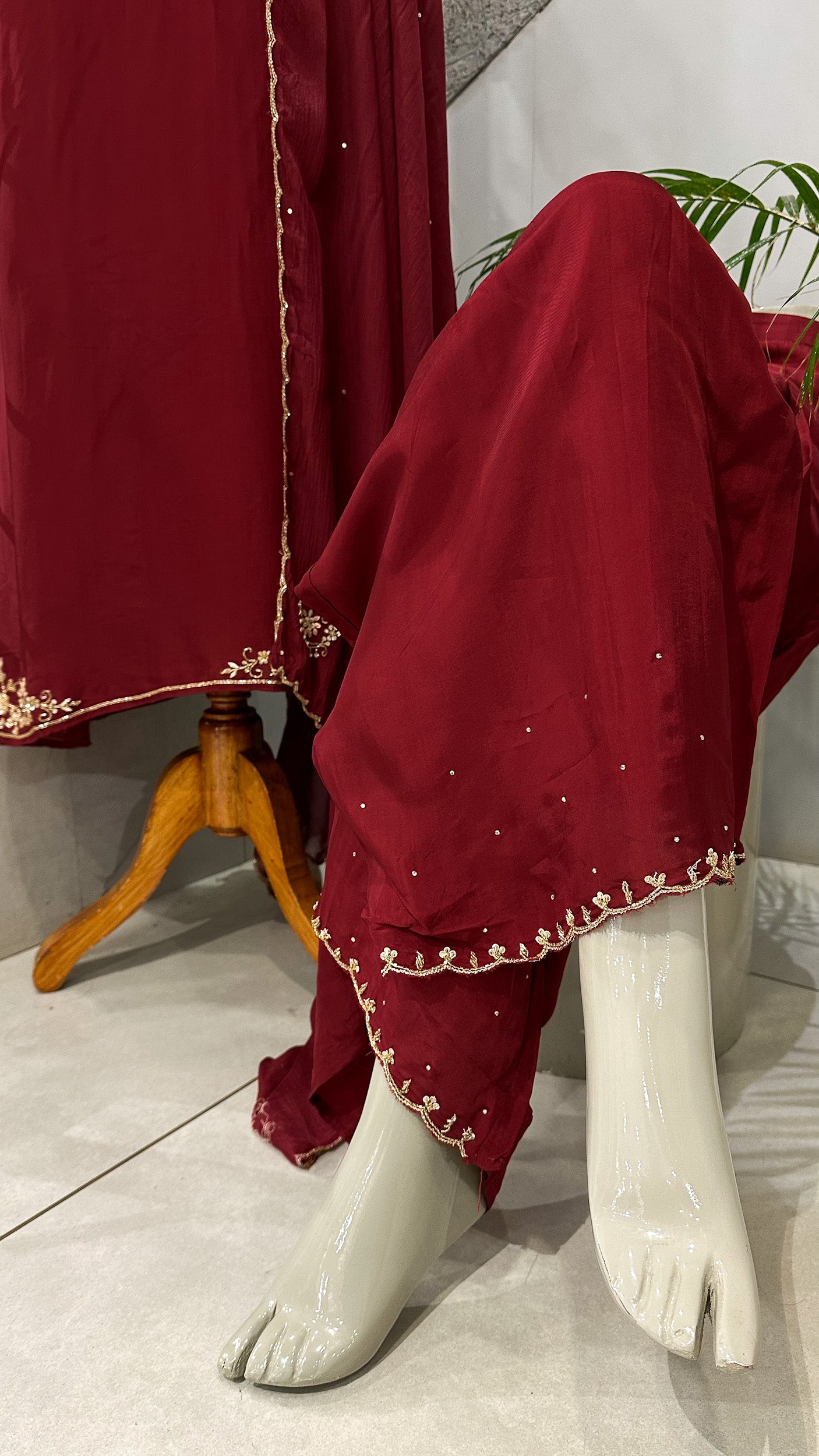 Wine Red Crepe Silk Salwar Suit Set with Chinon Dupatta & Plazo Bottom