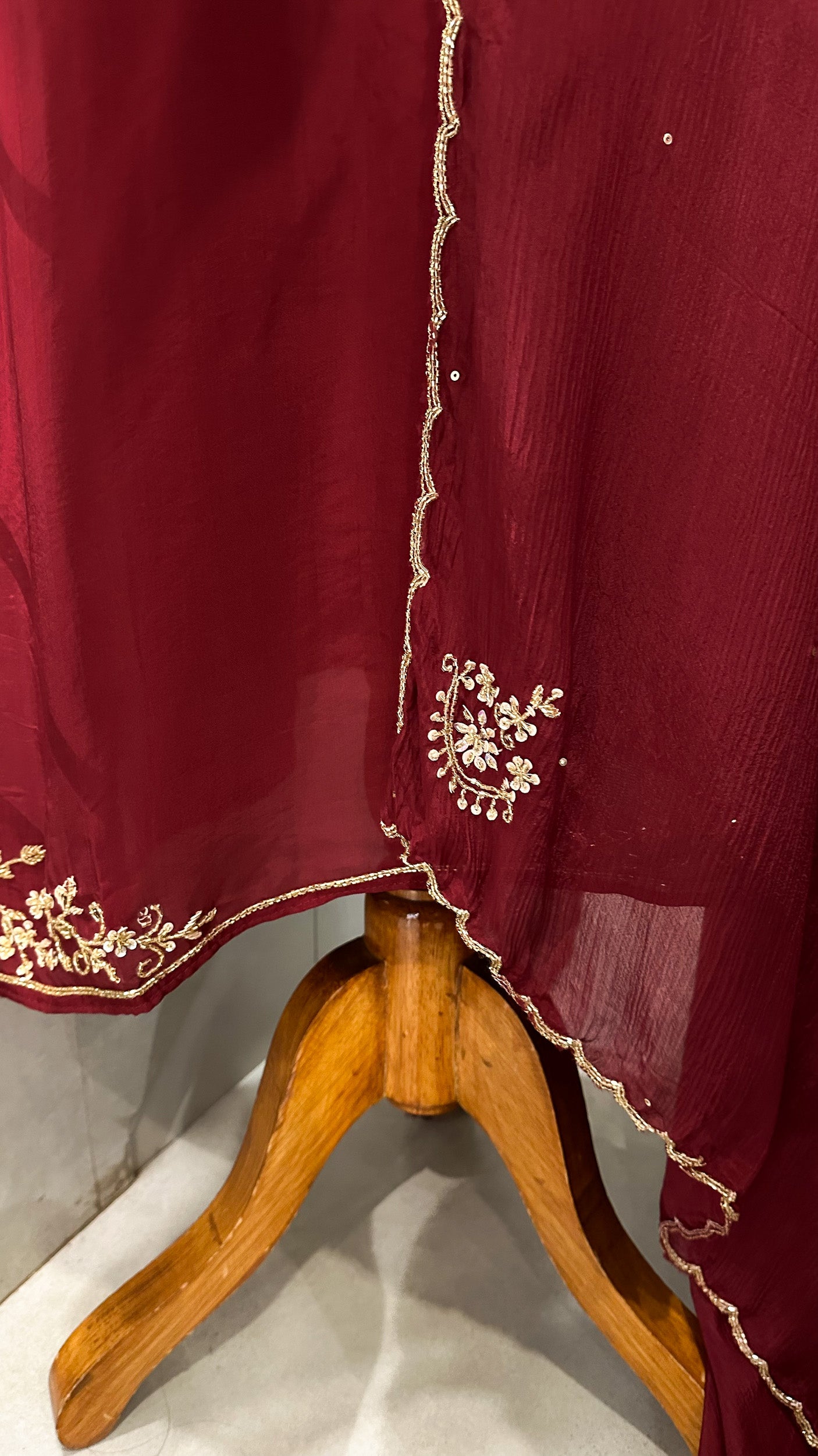 Wine Red Crepe Silk Salwar Suit Set with Chinon Dupatta & Plazo Bottom