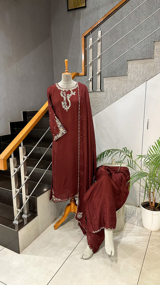 Maroon Crepe Silk Partywear Churidar Salwar Set with Chinon Dupatta