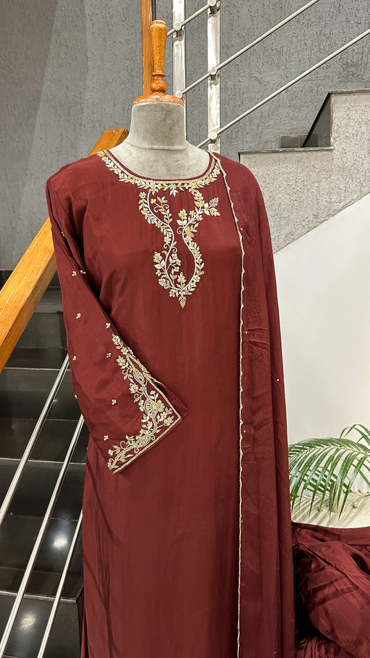 Maroon Crepe Silk Partywear Churidar Salwar Set with Chinon Dupatta