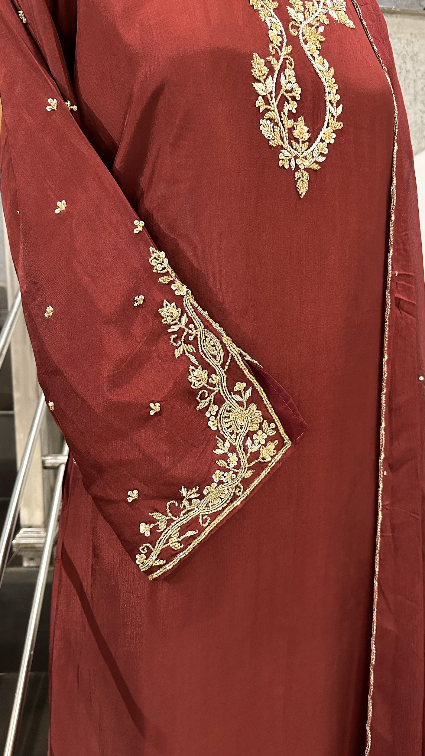 Maroon Crepe Silk Partywear Churidar Salwar Set with Chinon Dupatta